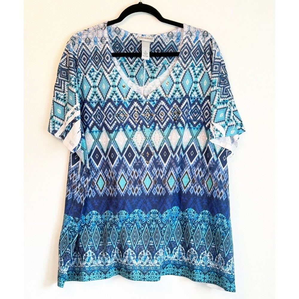 Catherines Blue Aztec Print Top Women’s 3X Short Sleeves Coastal Casual
